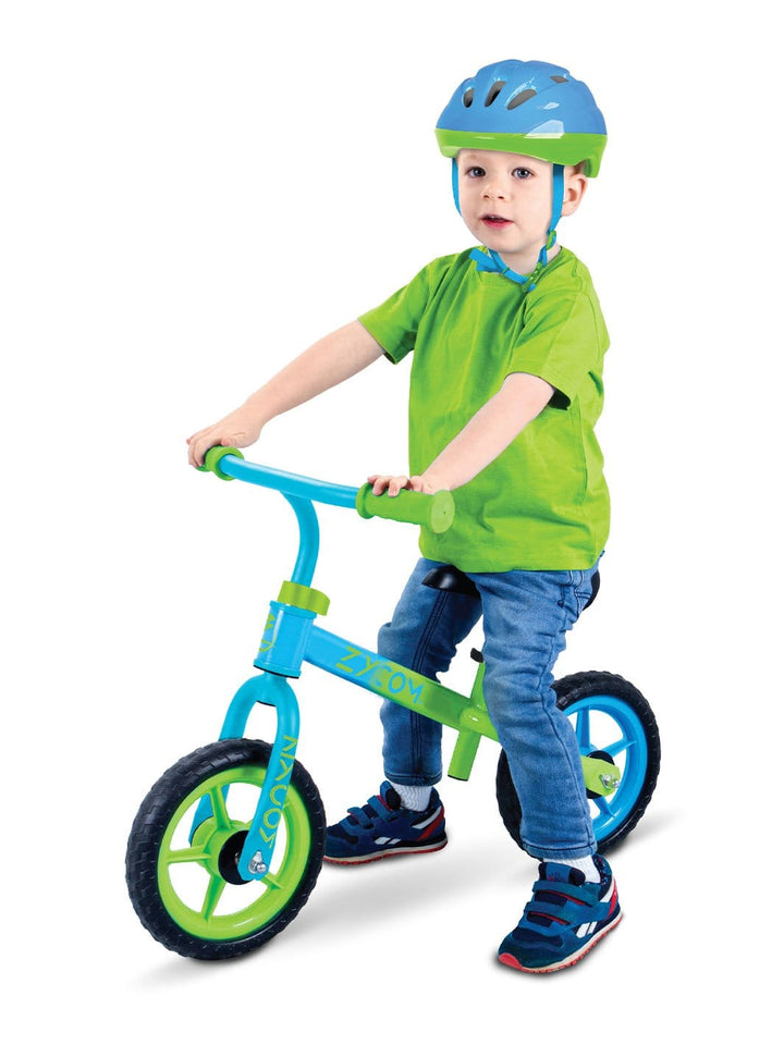 Zycom Zbike Zycomotion Balance Bike Strider Foot to Floor Boys Blue Green Madd Helmet